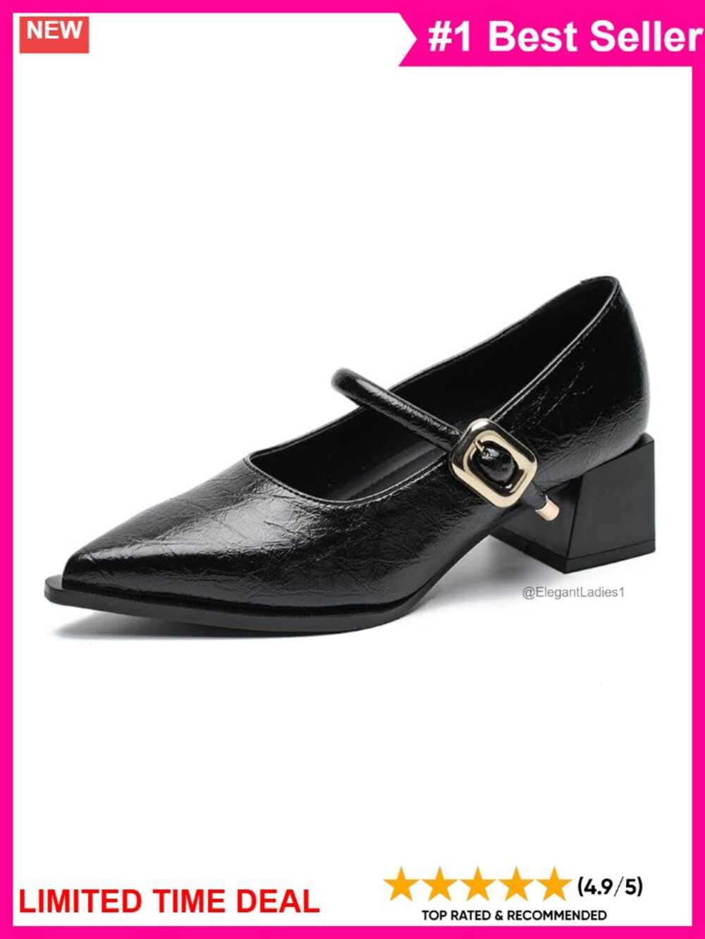 Pointed Toe Mary Jane Block Heel Pump Faux Leather Dress Shoe